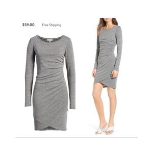 Leith Dress Gray Long Sleeve Cotton Blend Gathered Side Scoop Neck